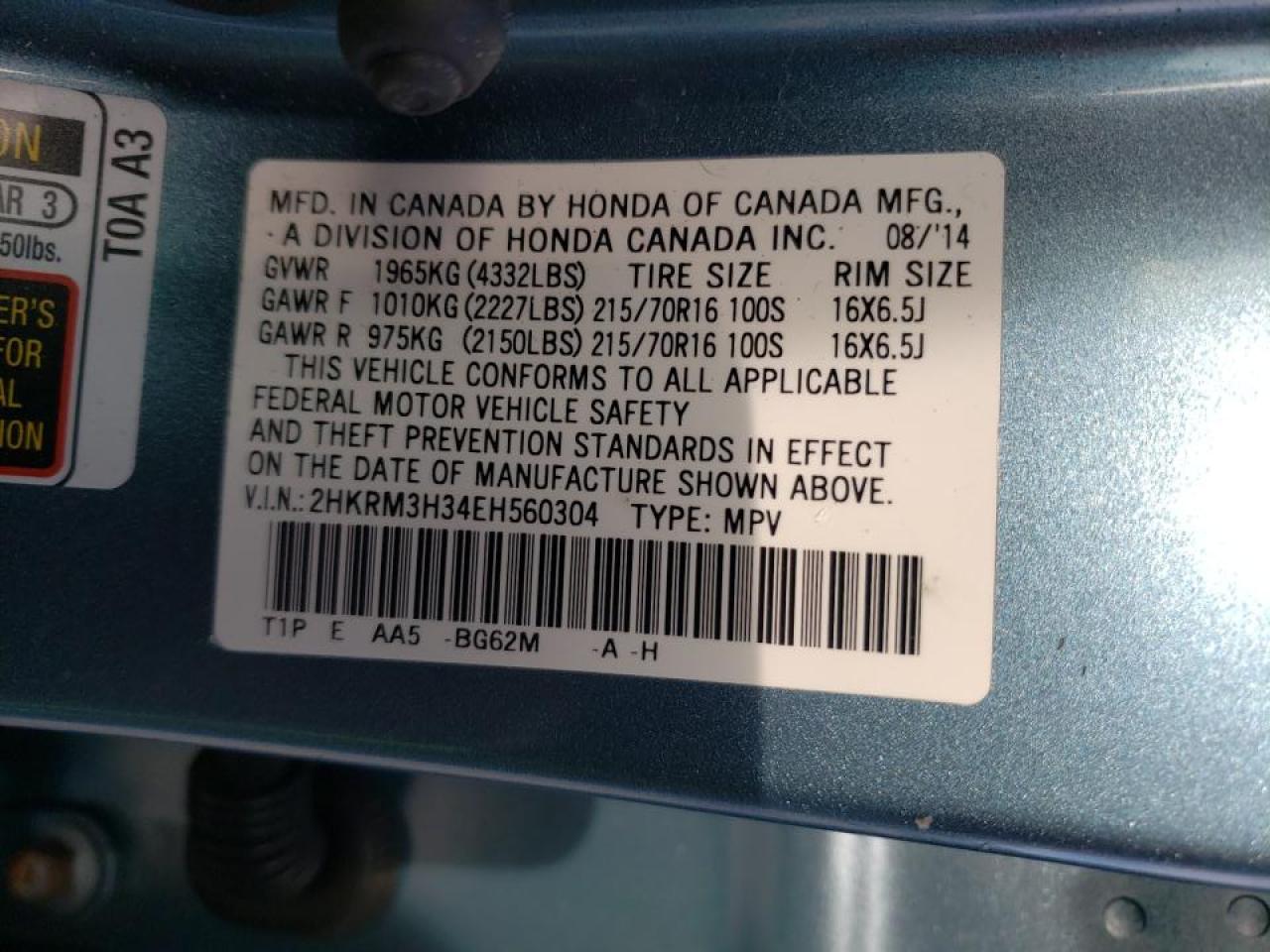 Photo 10 from auction – 2014 HONDA CR-V LX with VIN 2HKRM3H34EH560304