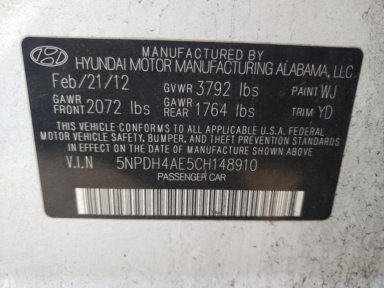 Photo 10 from auction – 2012 HYUNDAI ELANTRA GL with VIN 5NPDH4AE5CH148910