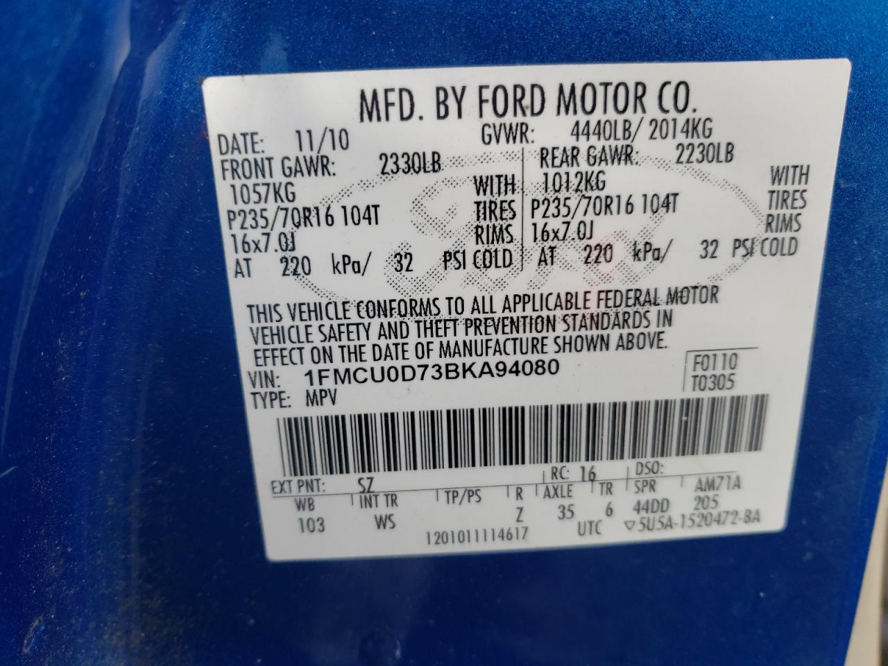 Photo 10 from auction – 2011 FORD ESCAPE XLT with VIN 1FMCU0D73BKA94080