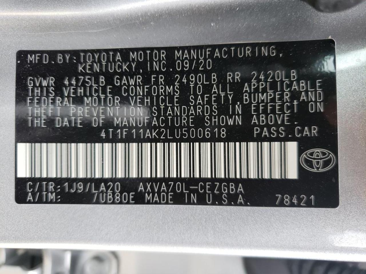 Photo 10 from auction – 2020 TOYOTA CAMRY XLE with VIN 4T1F11AK2LU500618