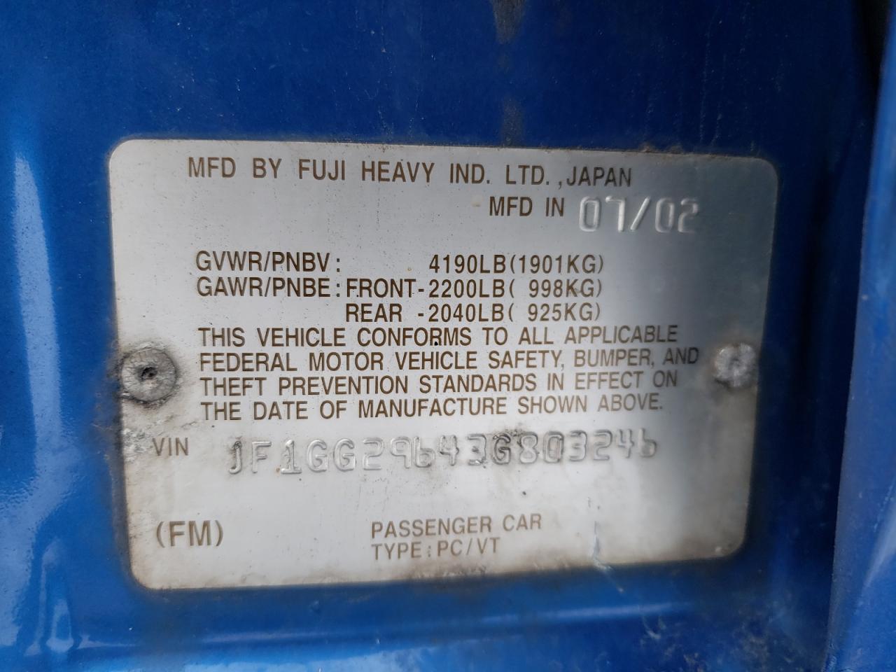 Photo 10 from auction – 2003 SUBARU IMPREZA WR with VIN JF1GG29643G803246