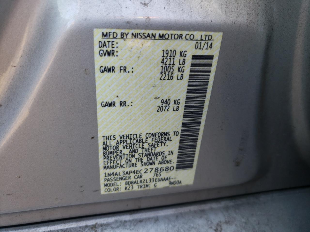 Photo 10 from auction – 2014 NISSAN ALTIMA 2.5 with VIN 1N4AL3AP4EC278680