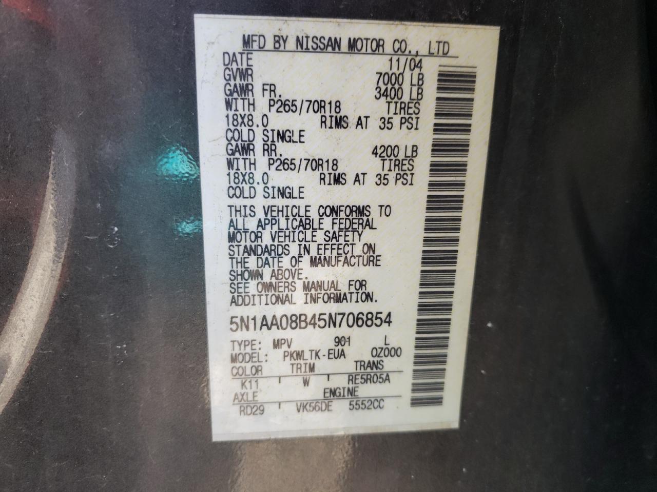 Photo 10 from auction – 2005 NISSAN ARMADA SE with VIN 5N1AA08B45N706854