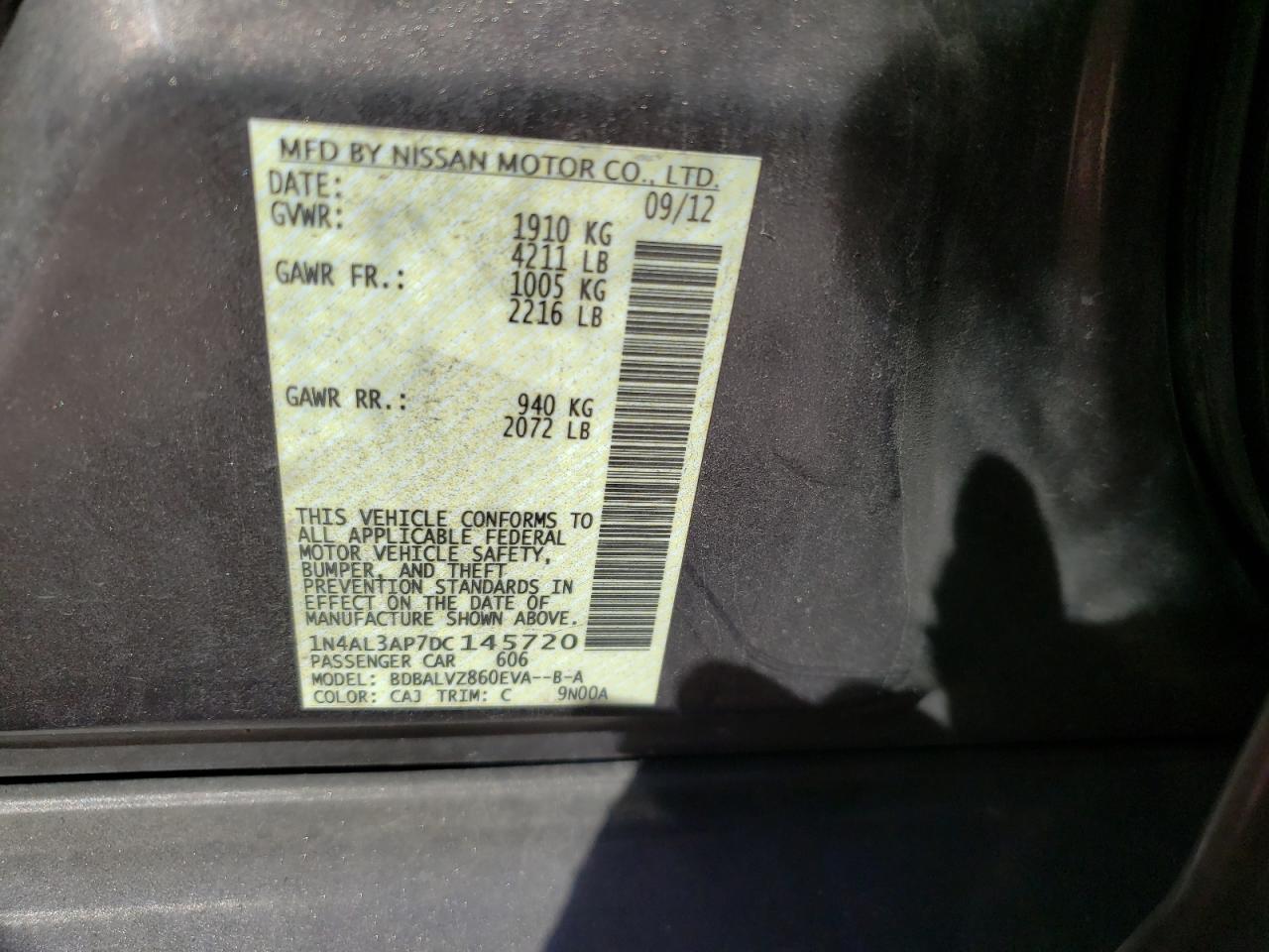 Photo 10 from auction – 2013 NISSAN ALTIMA 2.5 with VIN 1N4AL3AP7DC145720