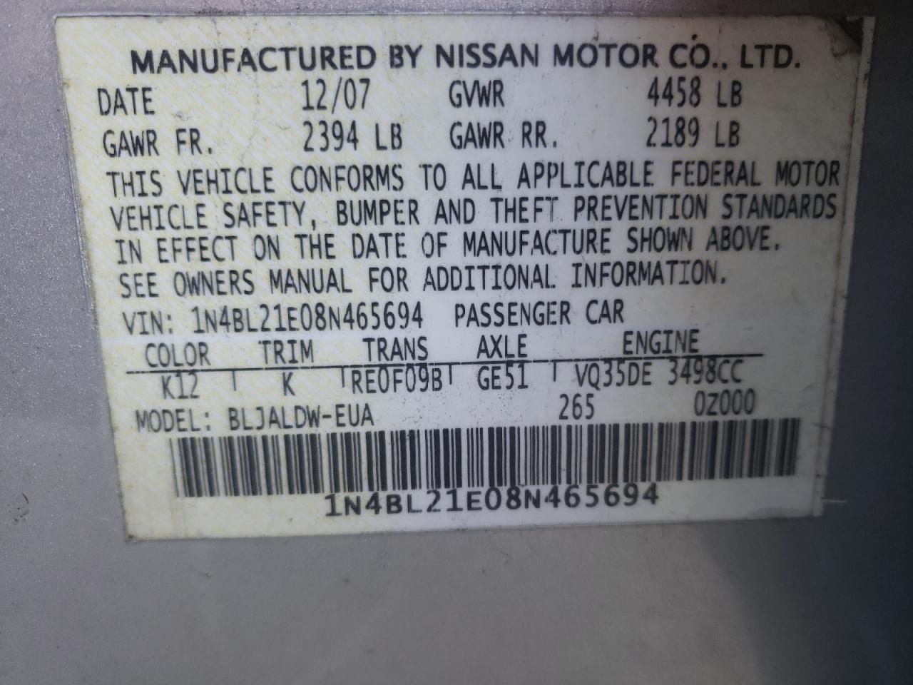 Photo 10 from auction – 2008 NISSAN ALTIMA SE with VIN 1N4BL21E08N465694