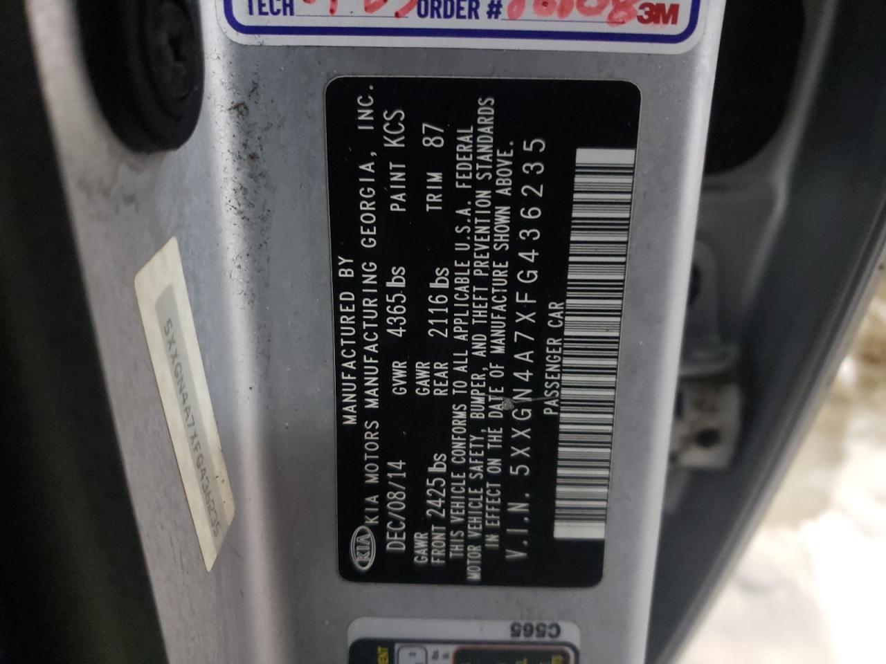 Photo 10 from auction – 2015 KIA OPTIMA EX with VIN 5XXGN4A7XFG436235