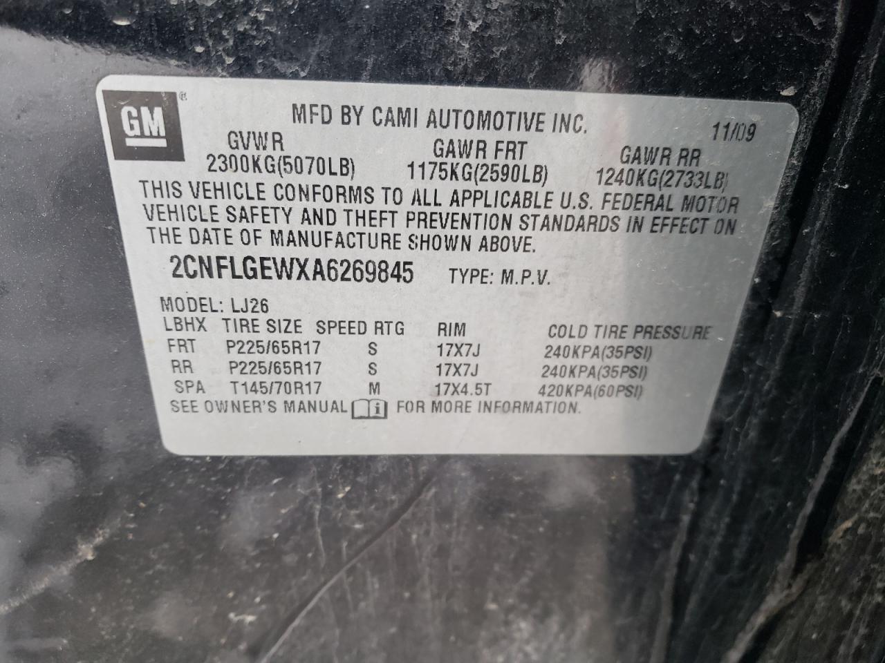 Photo 10 from auction – 2010 CHEVROLET EQUINOX LT with VIN 2CNFLGEWXA6269845