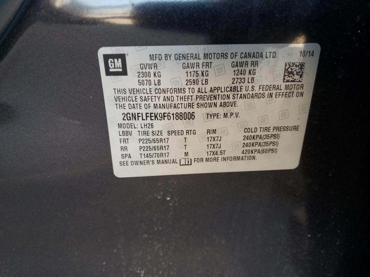Photo 10 from auction – 2015 CHEVROLET EQUINOX LT with VIN 2GNFLFEK9F6188006