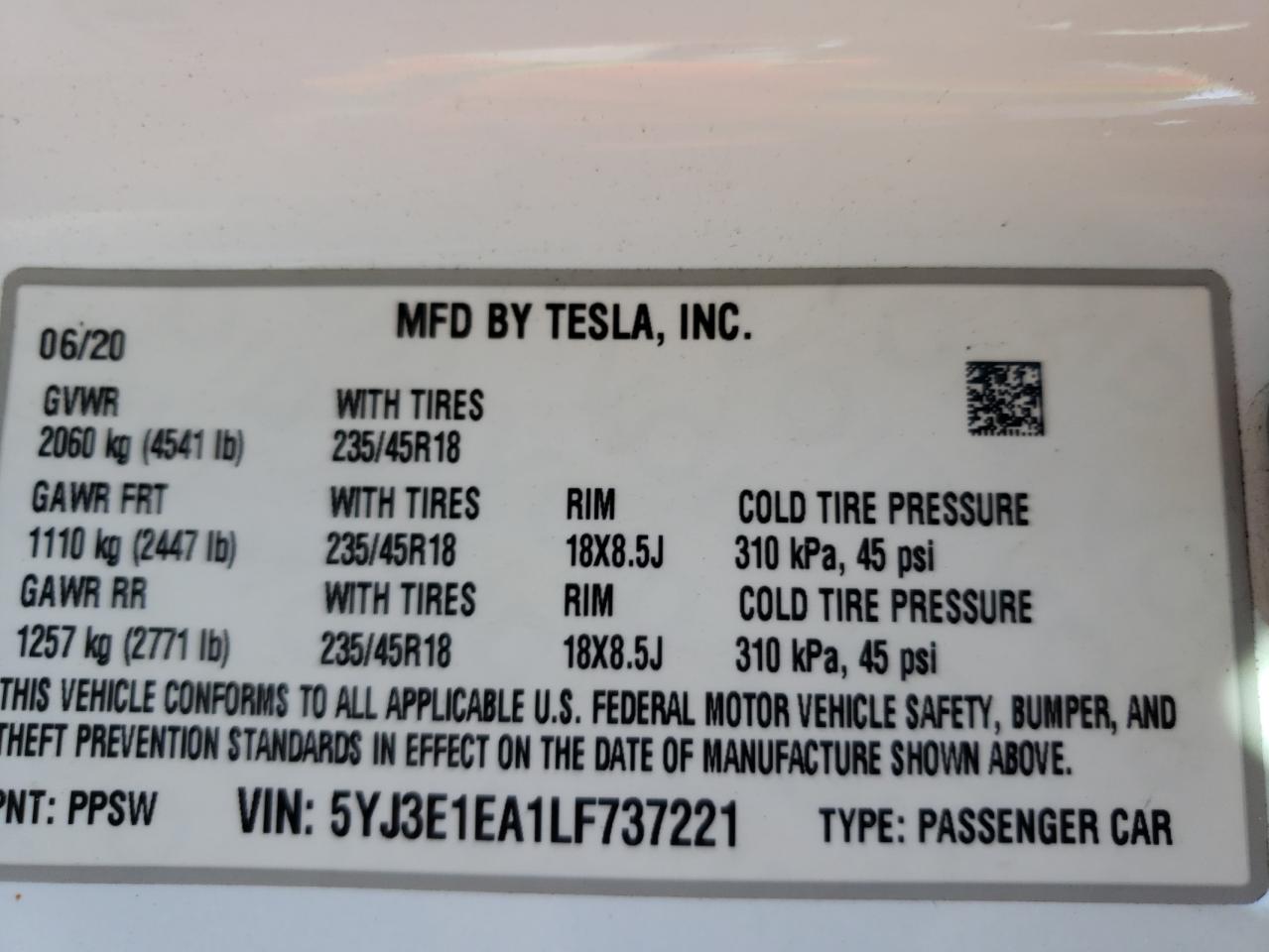 Photo 10 from auction – 2020 TESLA MODEL 3 with VIN 5YJ3E1EA1LF737221