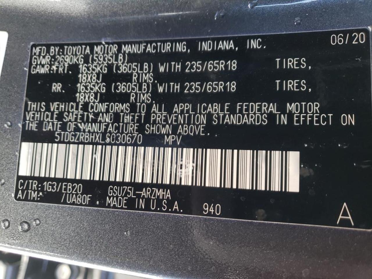 Photo 10 from auction – 2020 TOYOTA HIGHLANDER with VIN 5TDGZRBHXLS030670