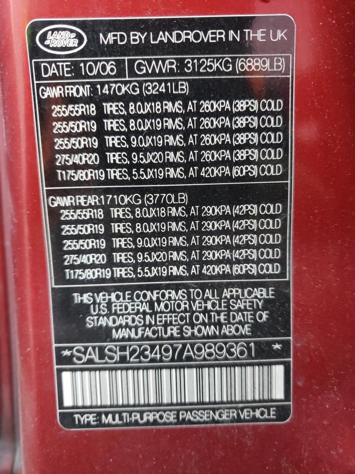 Photo 10 from auction – 2007 LAND ROVER RANGE ROVE with VIN SALSH23497A989361