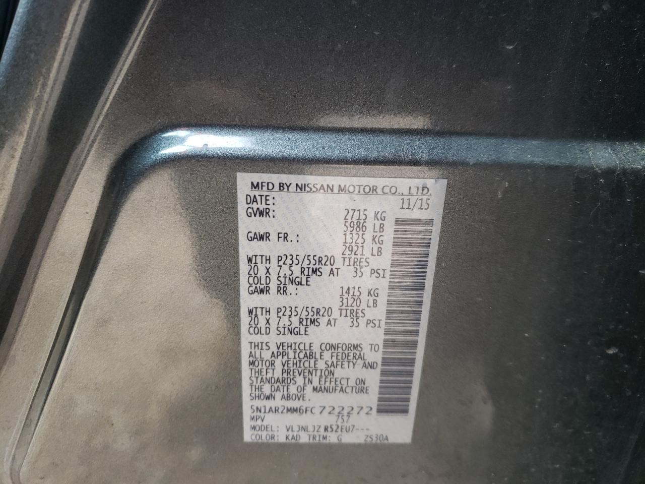 Photo 10 from auction – 2015 NISSAN PATHFINDER with VIN 5N1AR2MM6FC722272