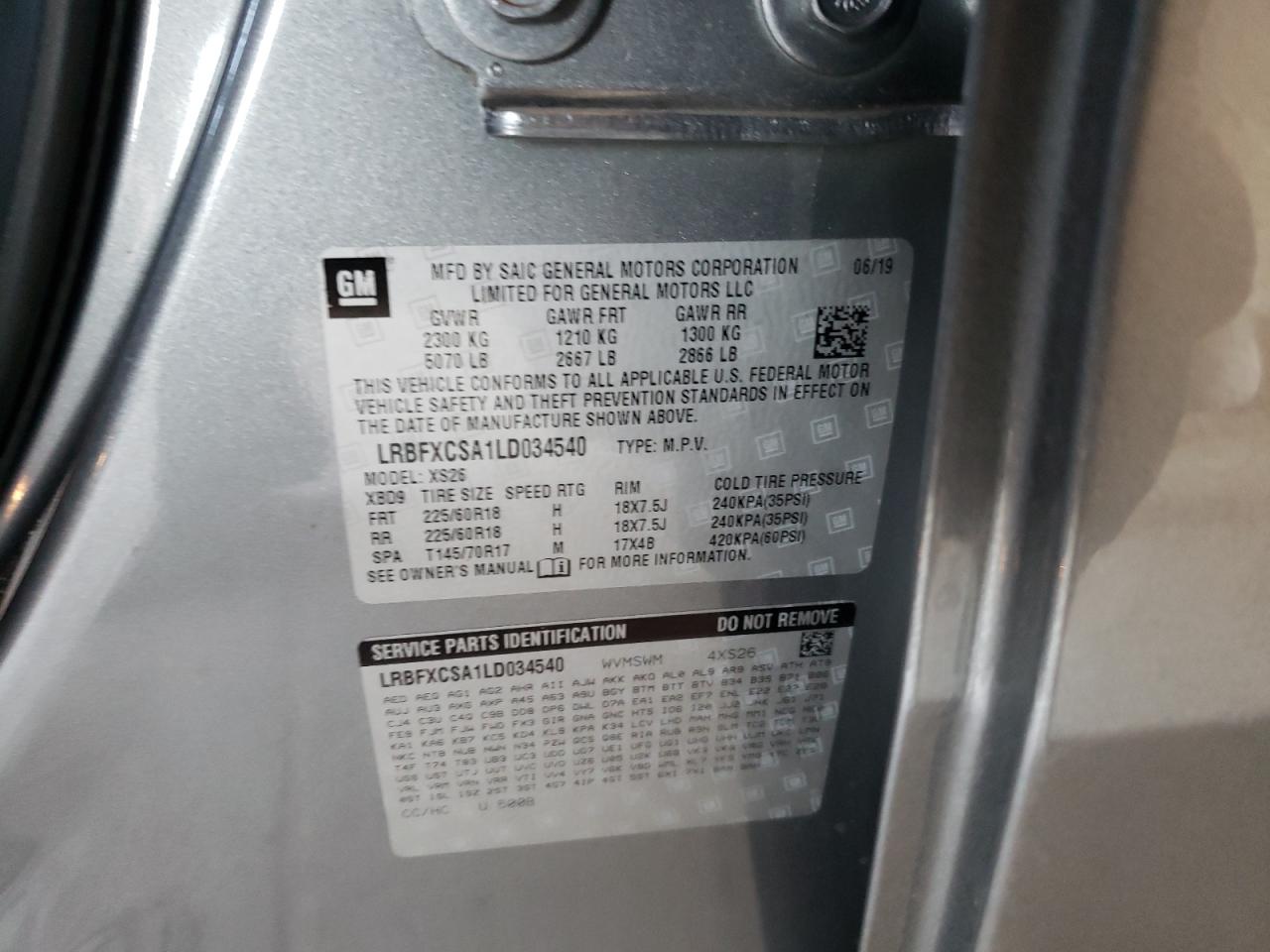 Photo 10 from auction – 2020 BUICK ENVISION E with VIN LRBFXCSA1LD034540