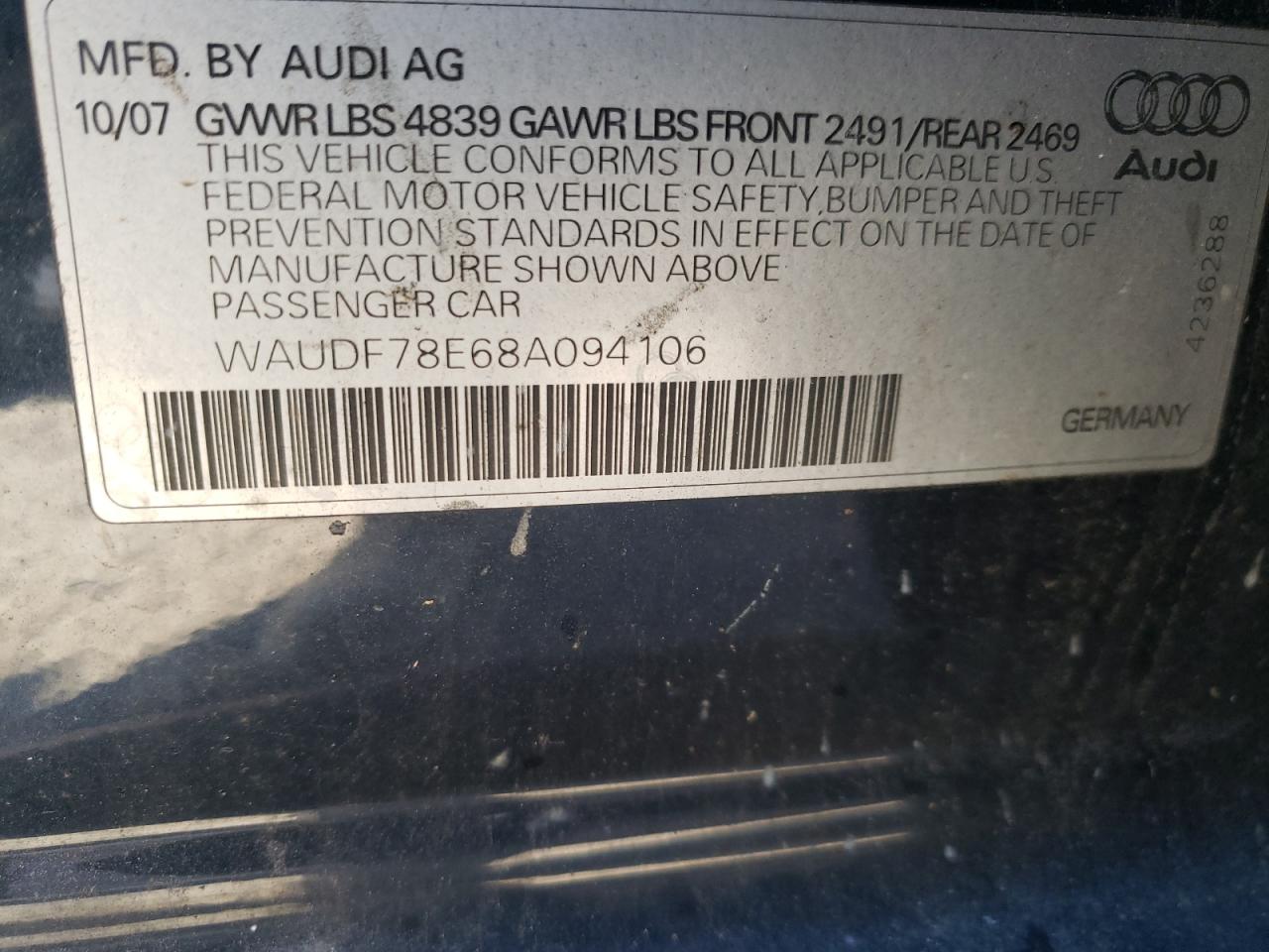 Photo 10 from auction – 2008 AUDI A4 2.0T QU with VIN WAUDF78E68A094106