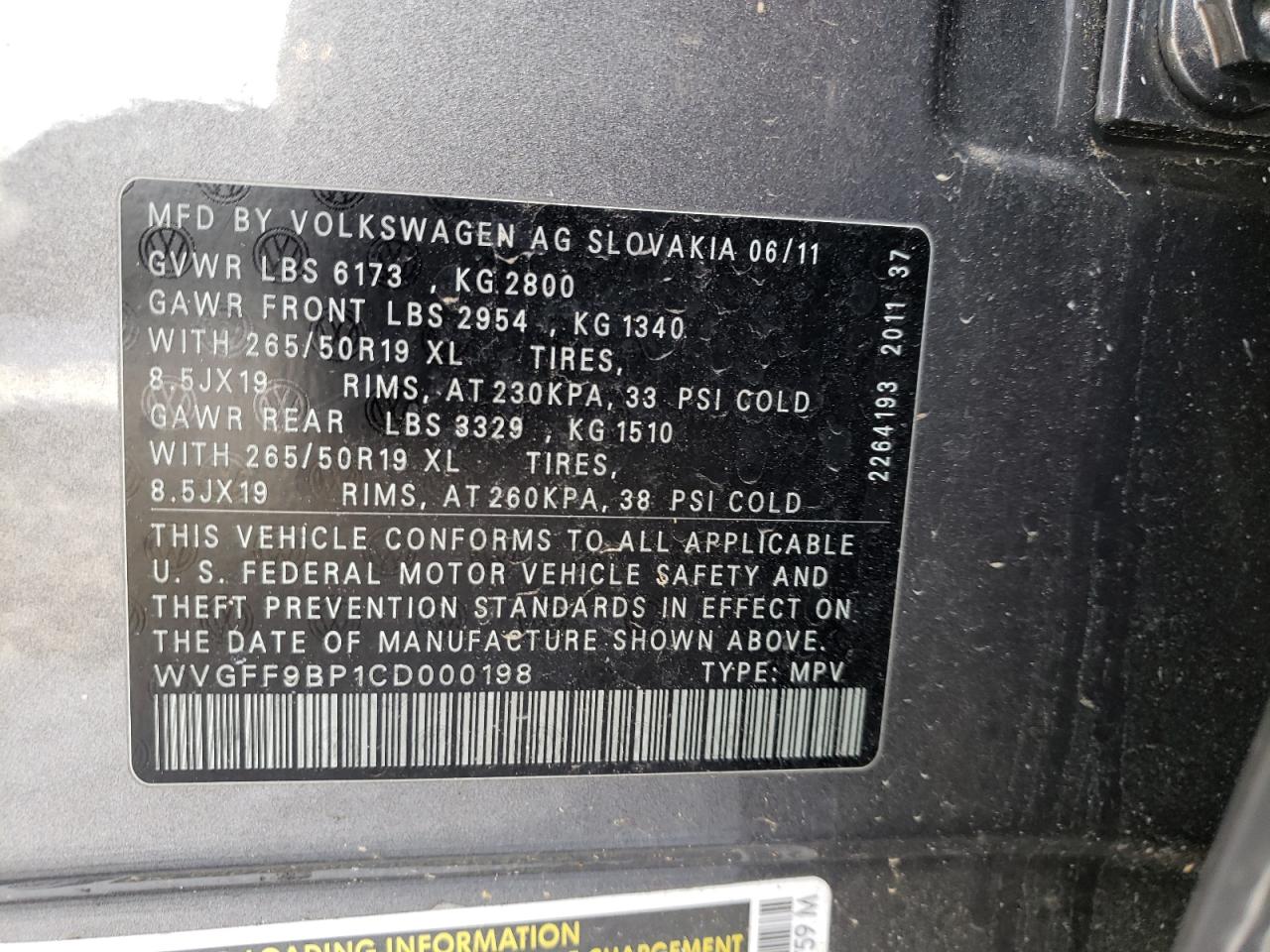 Photo 10 from auction – 2012 VOLKSWAGEN TOUAREG V6 with VIN WVGFF9BP1CD000198