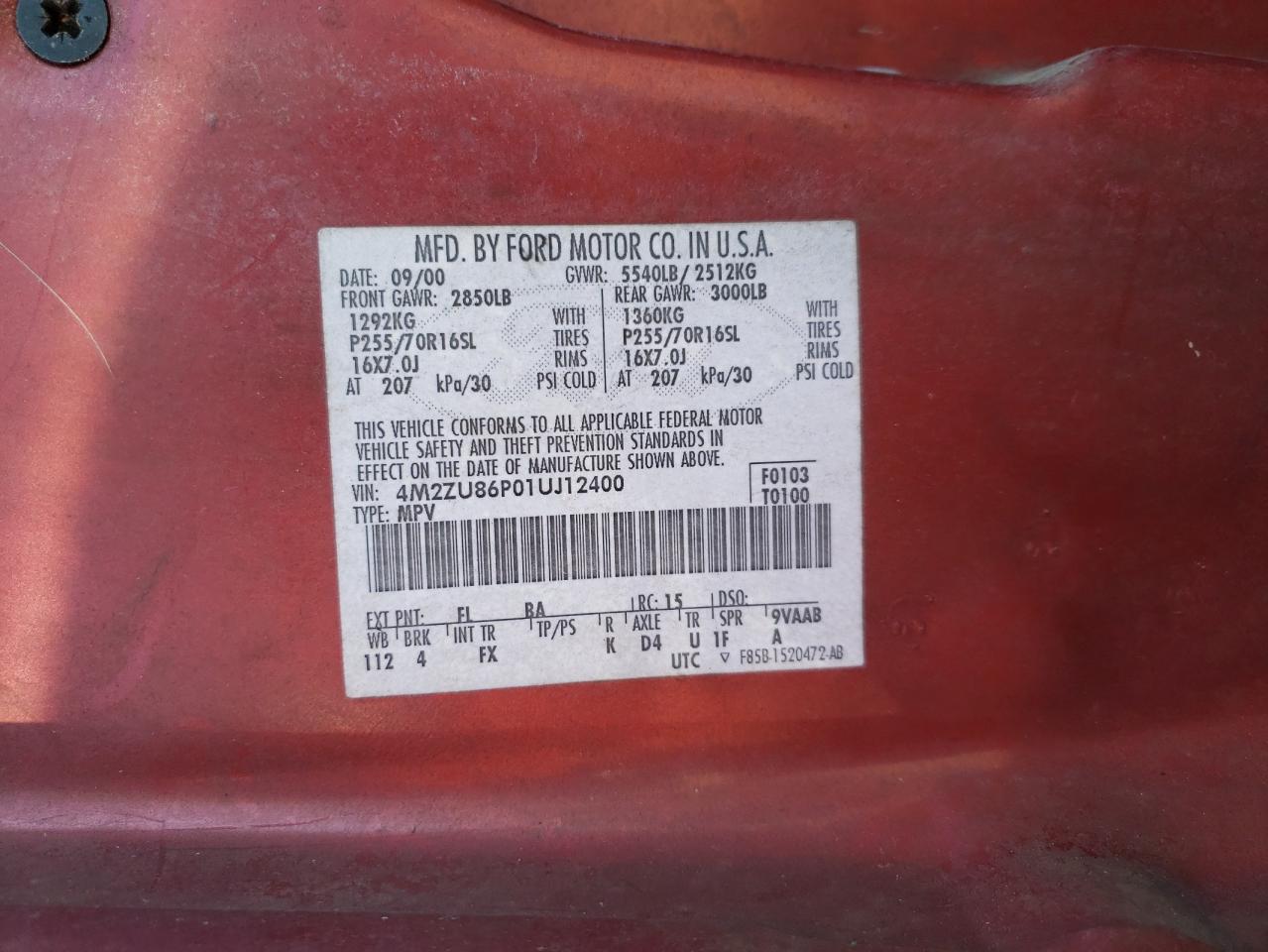 Photo 10 from auction – 2001 MERCURY MOUNTAINEE with VIN 4M2ZU86P01UJ12400