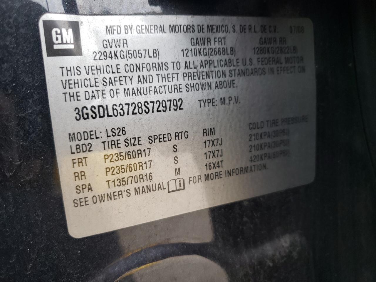 Photo 10 from auction – 2008 SATURN VUE with VIN 3GSDL63728S729792