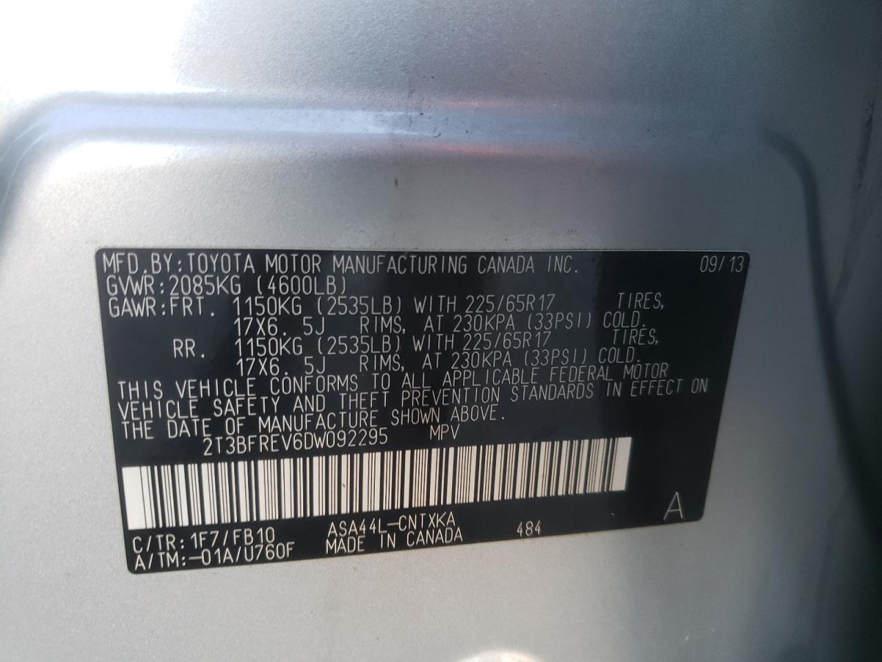 Zdjęcie 10 z aukcji – 2013 TOYOTA RAV4 LE z VIN 2T3BFREV6DW092295