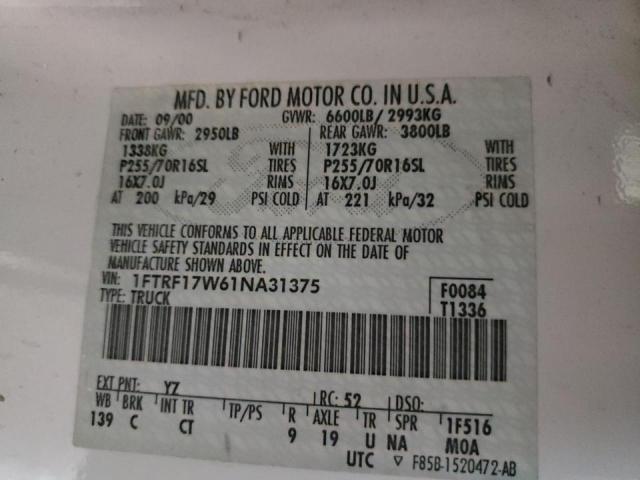 Photo 10 from auction – 2001 FORD F150 with VIN 1FTRF17W61NA31375