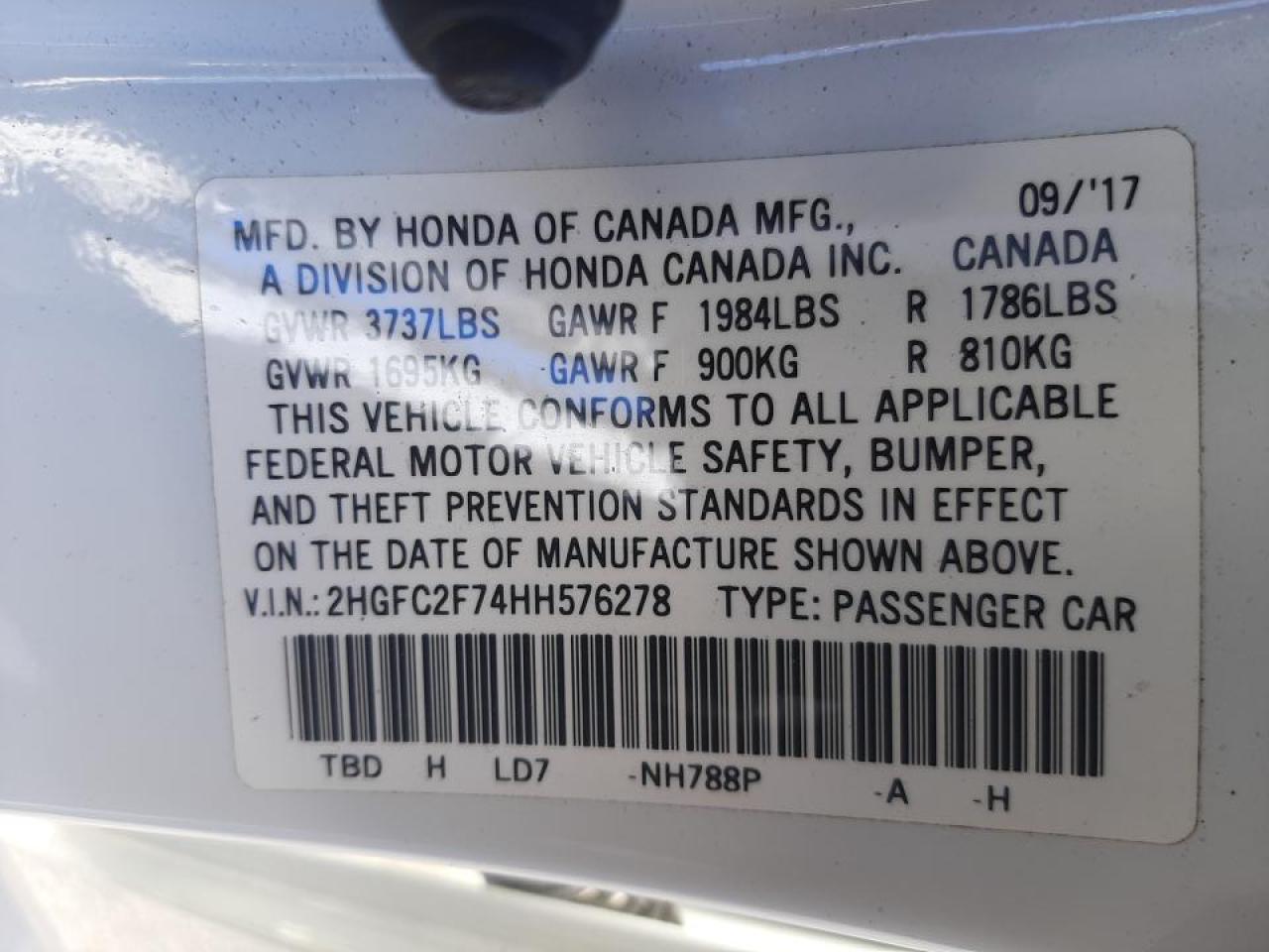 Photo 10 from auction – 2017 HONDA CIVIC EX with VIN 2HGFC2F74HH576278