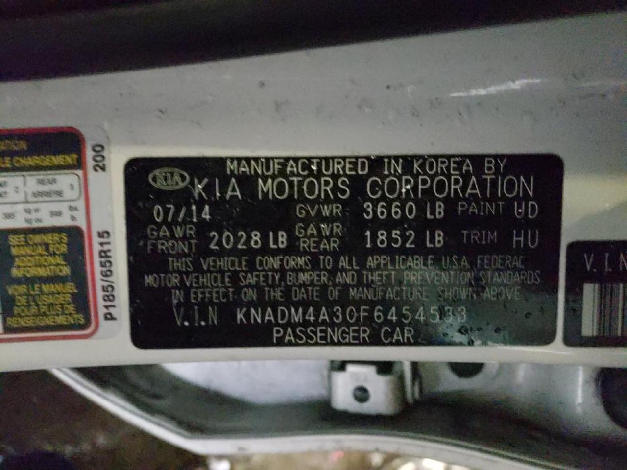 Photo 10 from auction – 2015 KIA RIO LX with VIN KNADM4A30F6454533