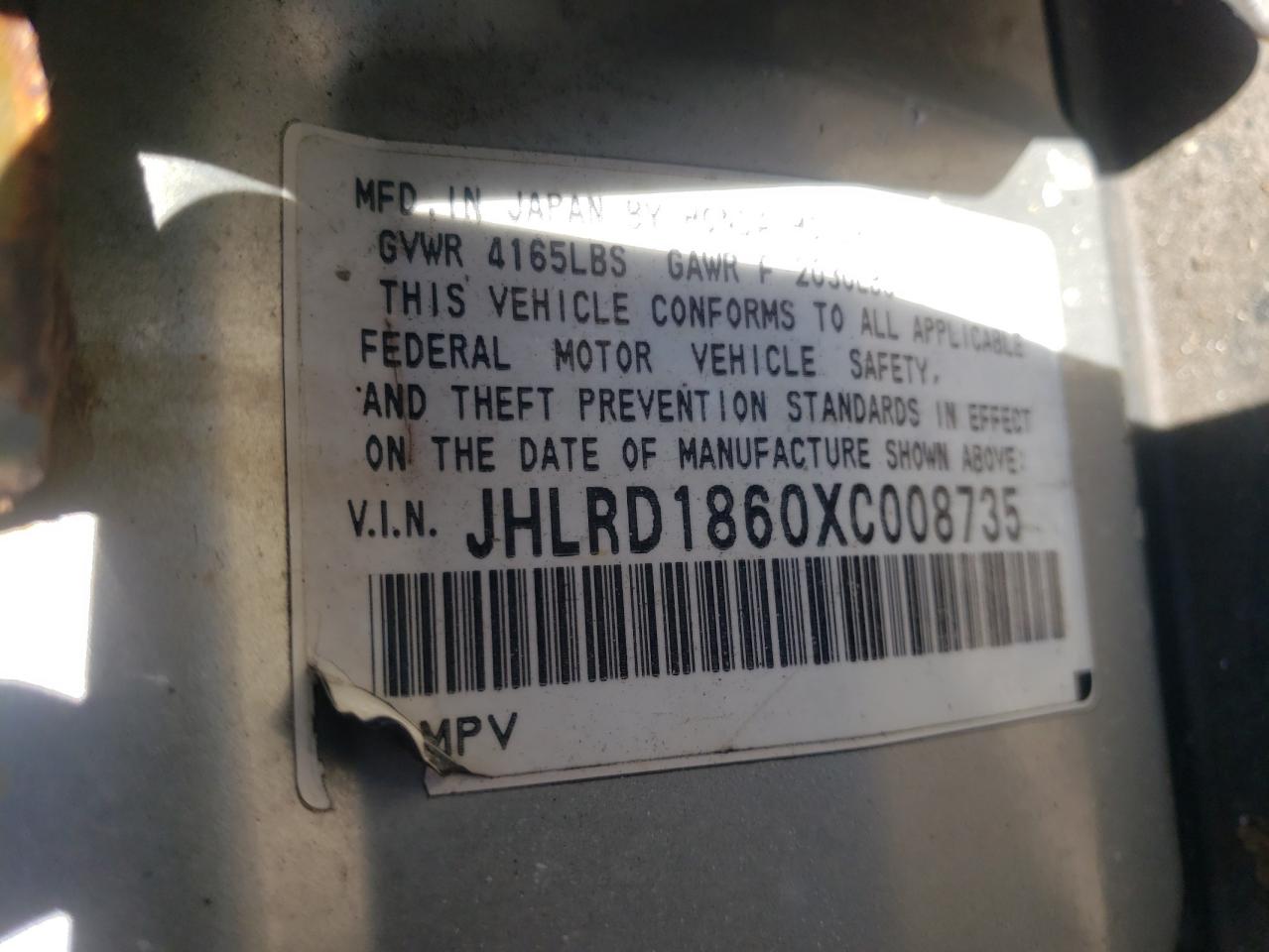 Photo 10 from auction – 1999 HONDA CR-V EX with VIN JHLRD1860XC008735