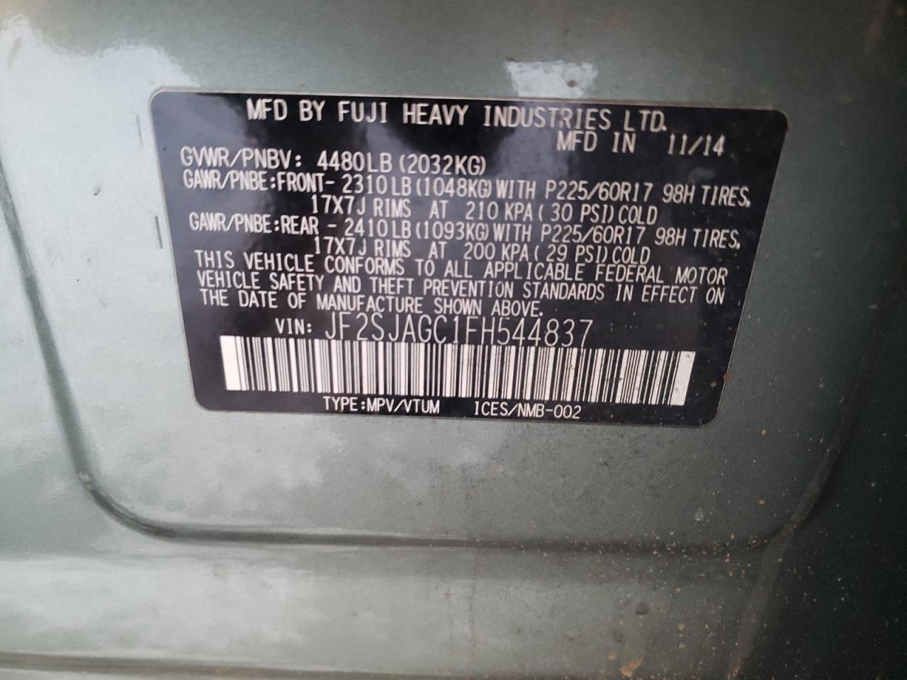 Photo 10 from auction – 2015 SUBARU FORESTER 2 with VIN JF2SJAGC1FH544837