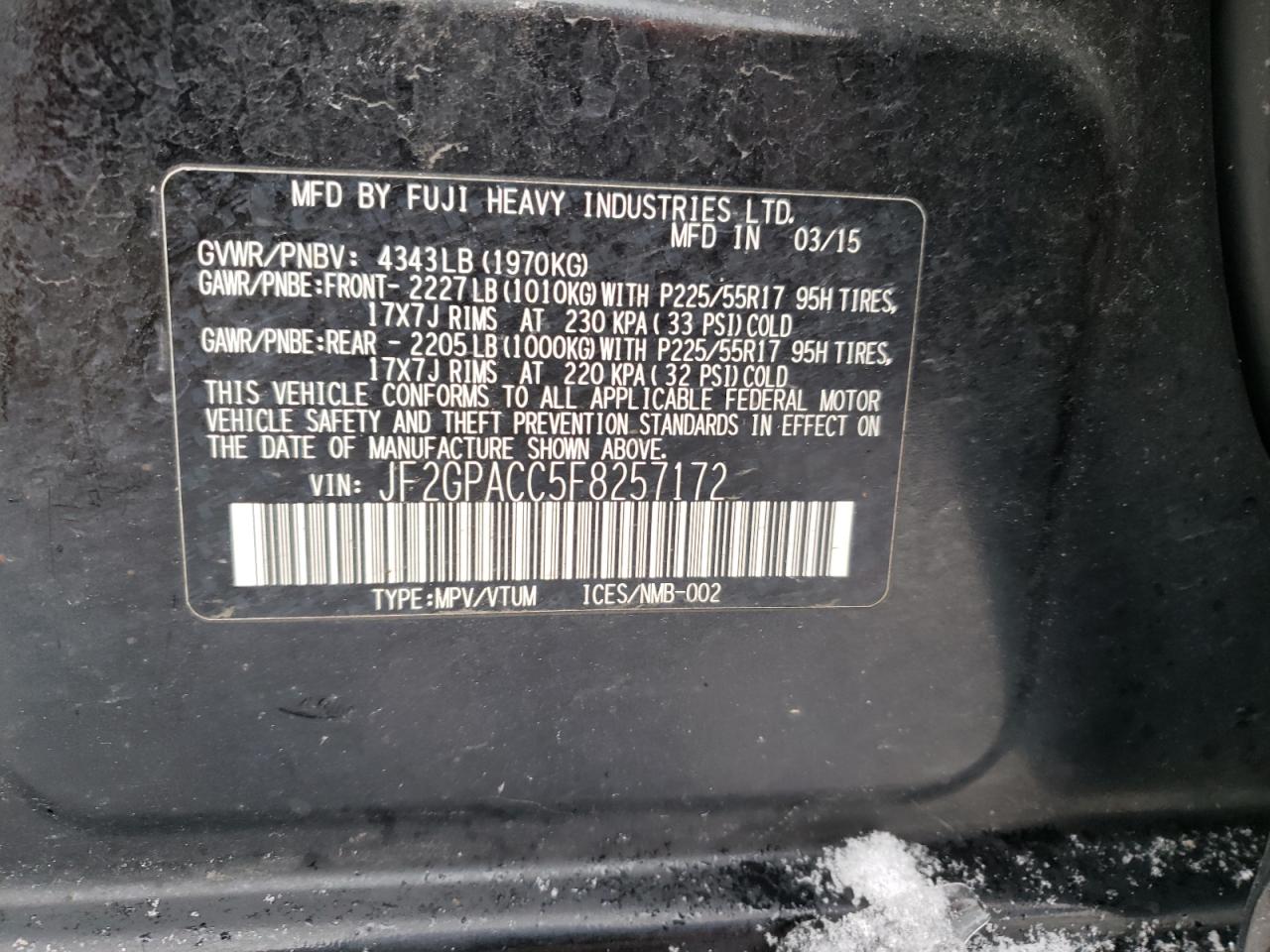 Photo 10 from auction – 2015 SUBARU XV CROSSTR with VIN JF2GPACC5F8257172