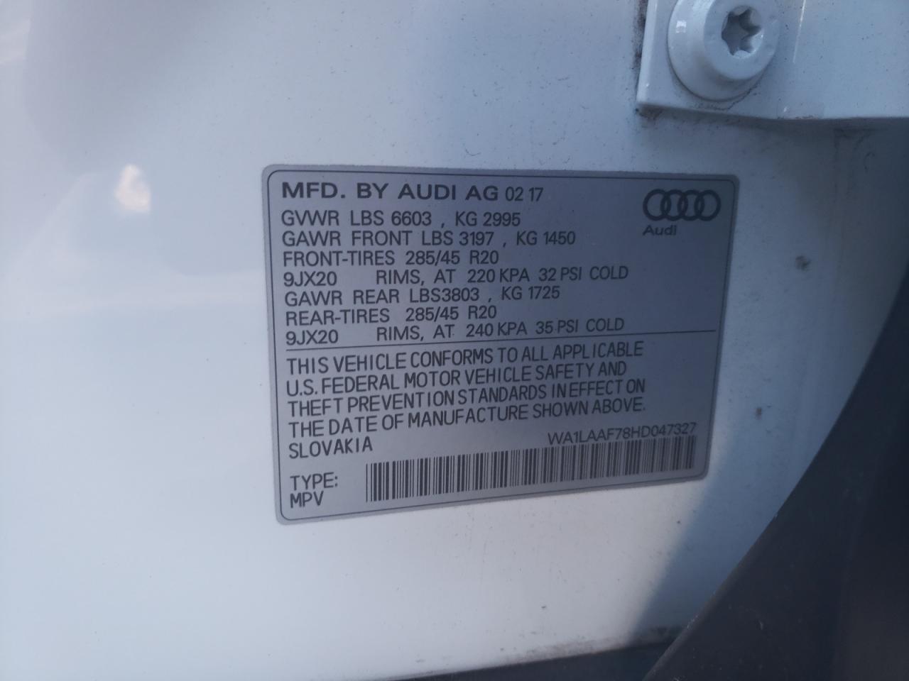 Photo 10 from auction – 2017 AUDI Q7 PREMIUM with VIN WA1LAAF78HD047327