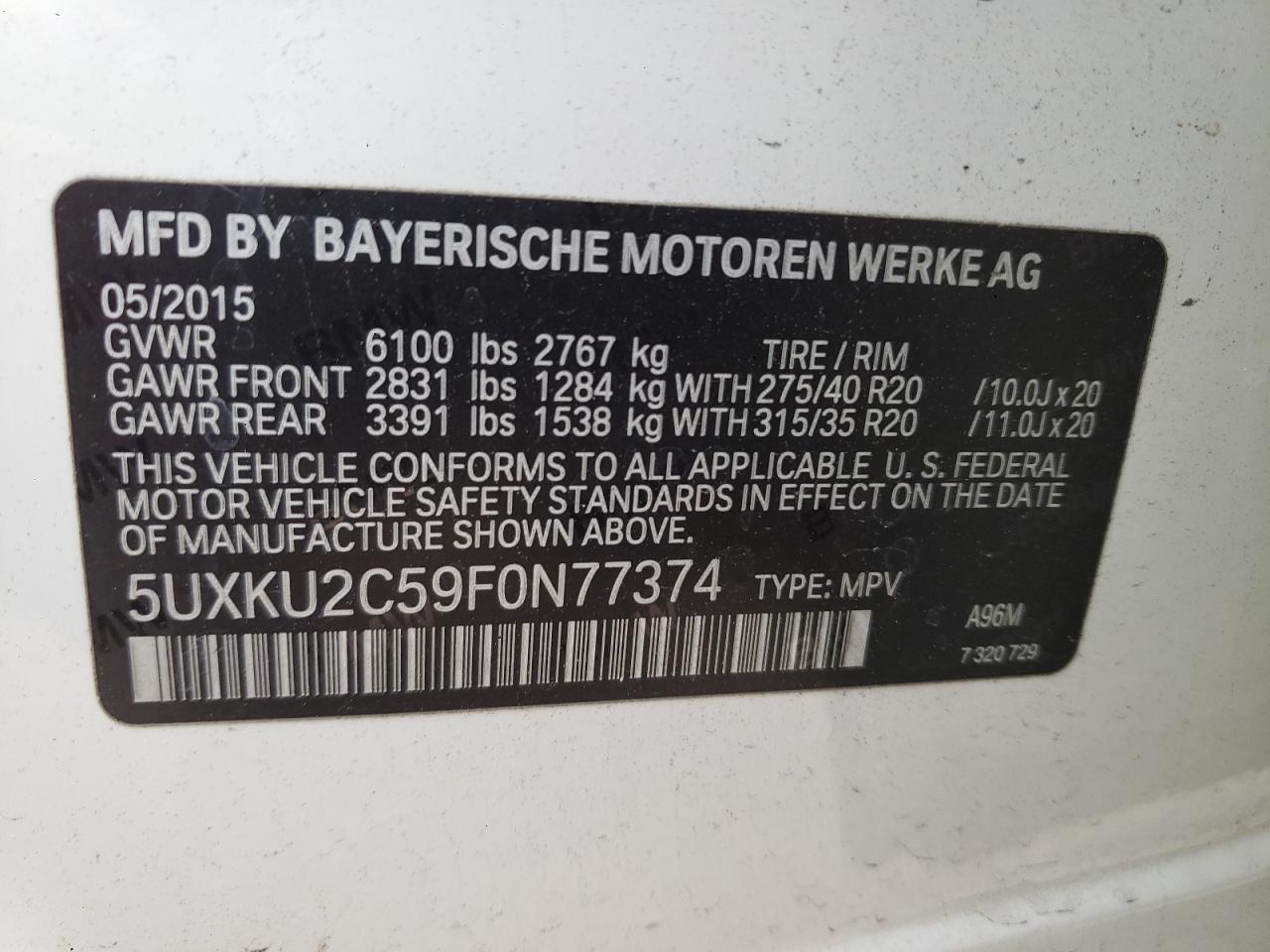 Photo 10 from auction – 2015 BMW X6 XDRIVE3 with VIN 5UXKU2C59F0N77374