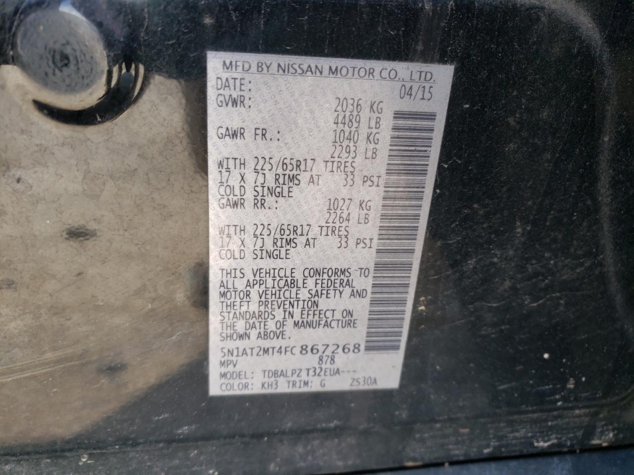 Photo 10 from auction – 2015 NISSAN ROGUE S with VIN 5N1AT2MT4FC867268