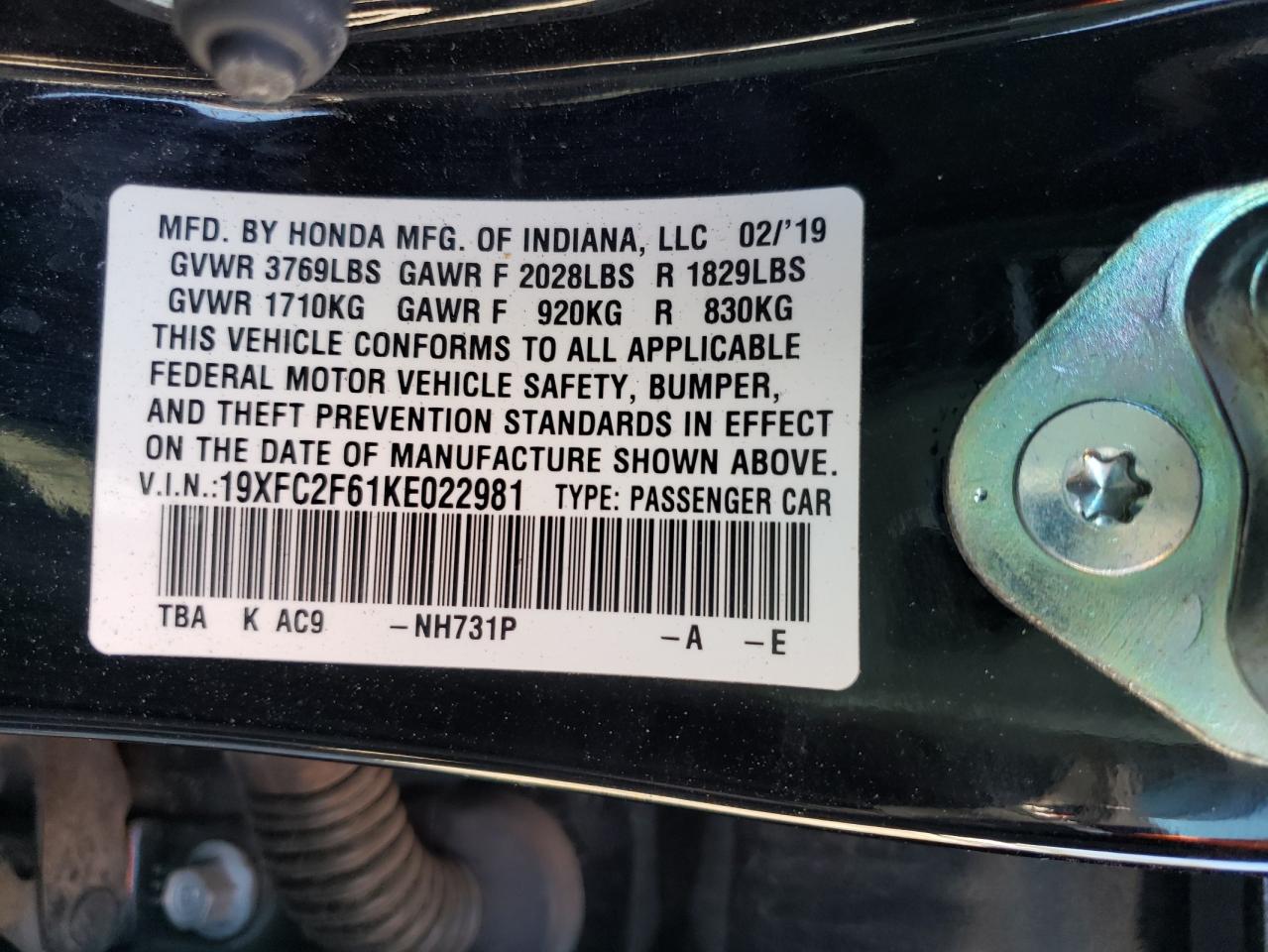 Photo 10 from auction – 2019 HONDA CIVIC LX with VIN 19XFC2F61KE022981