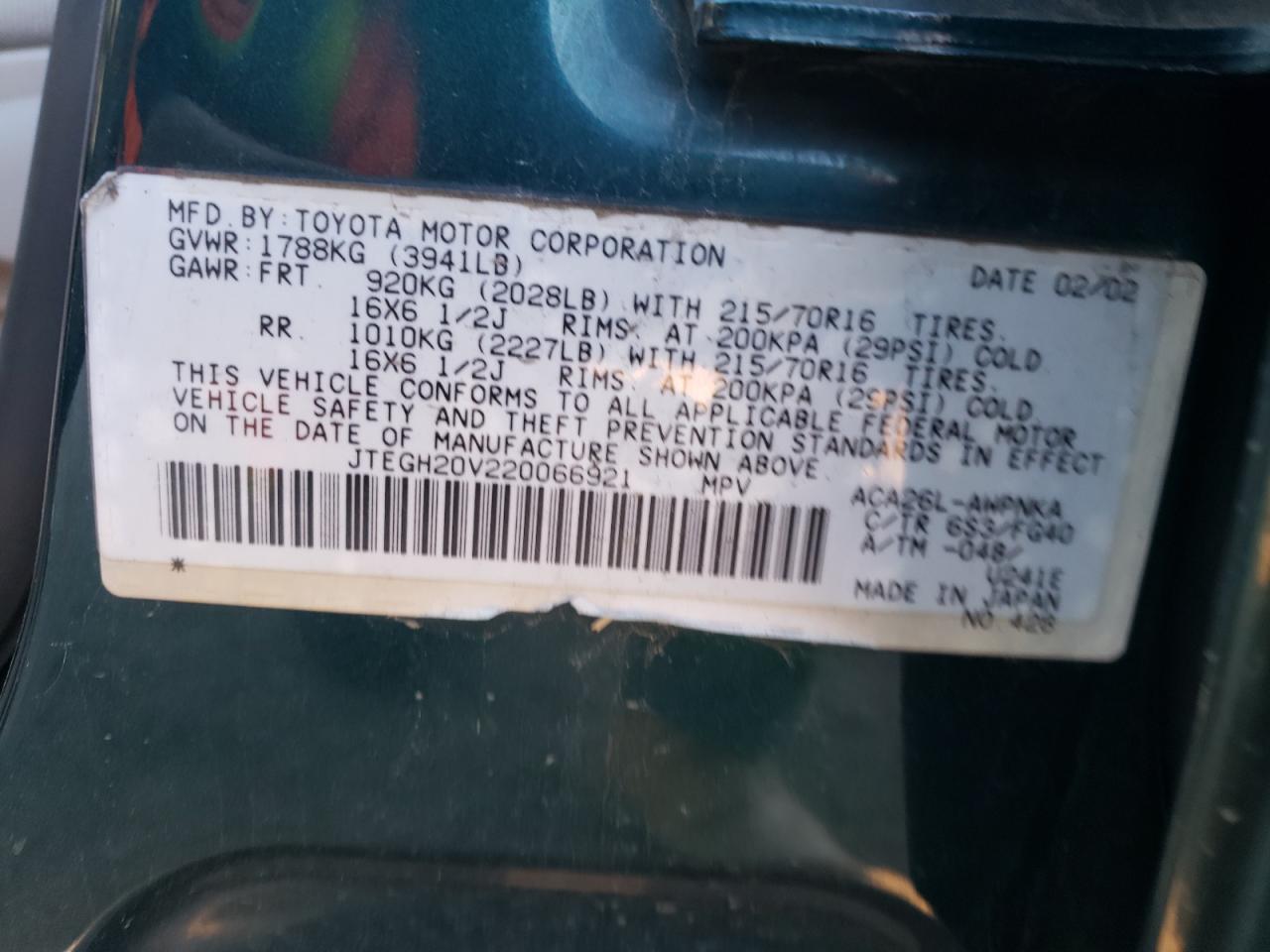 Photo 10 from auction – 2002 TOYOTA RAV4 with VIN JTEGH20V220066921