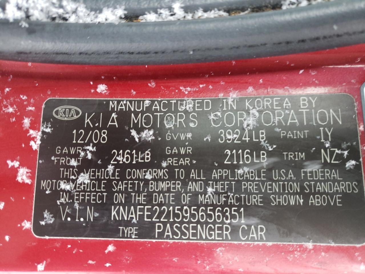 Photo 10 from auction – 2009 KIA SPECTRA EX with VIN KNAFE221595656351