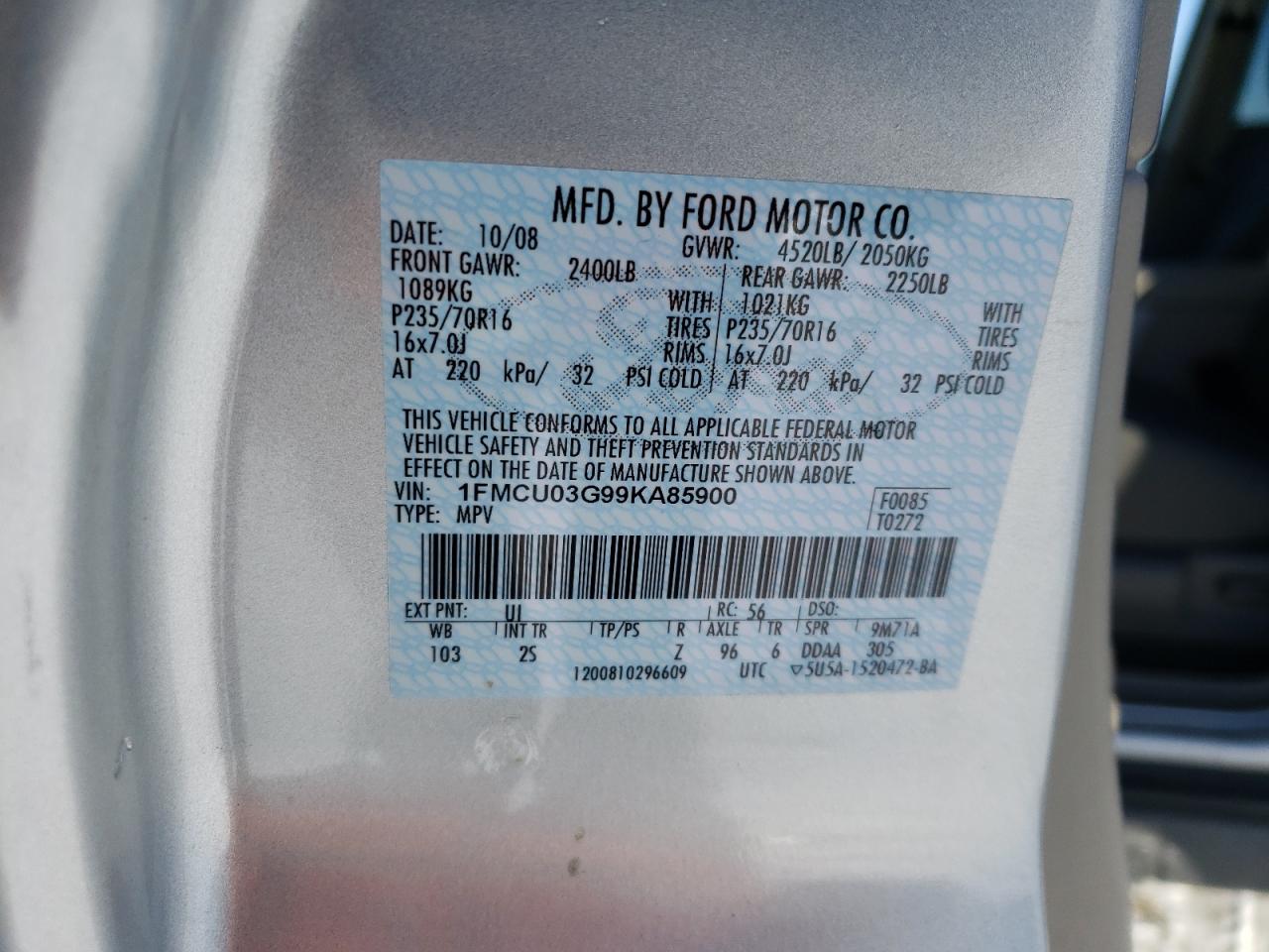 Photo 10 from auction – 2009 FORD ESCAPE XLT with VIN 1FMCU03G99KA85900