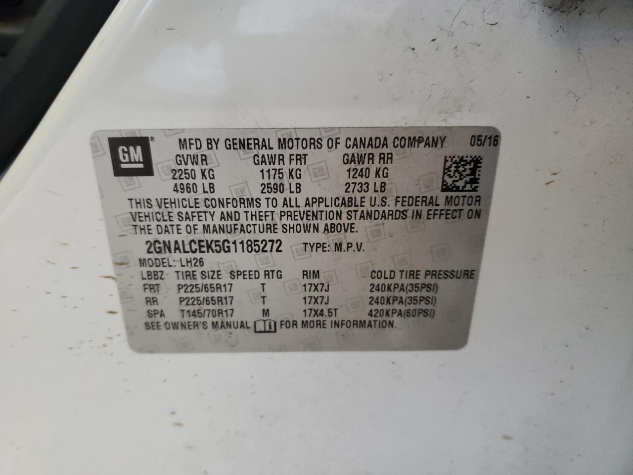 Photo 10 from auction – 2016 CHEVROLET EQUINOX LT with VIN 2GNALCEK5G1185272