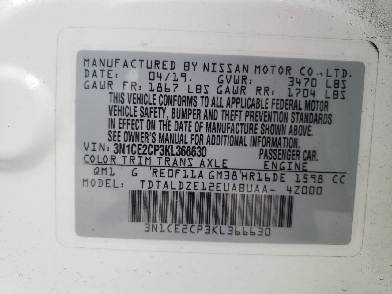 Photo 10 from auction – 2019 NISSAN VERSA NOTE with VIN 3N1CE2CP3KL366630