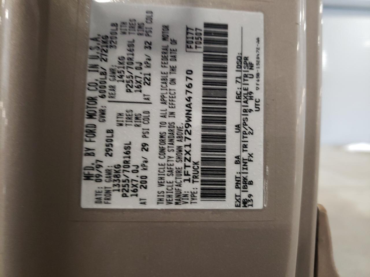 Photo 10 from auction – 1998 FORD F150 with VIN 1FTZX1729WNA47670