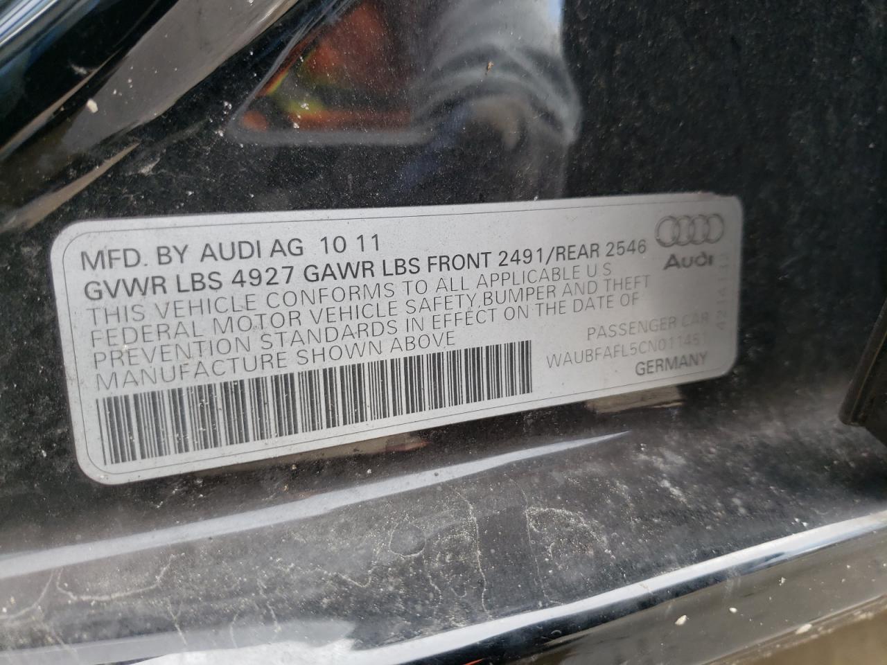 Photo 10 from auction – 2012 AUDI A4 PREMIUM with VIN WAUBFAFL5CN011451