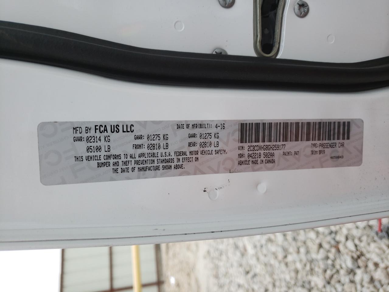 Photo 10 from auction – 2016 DODGE CHARGER SX with VIN 2C3CDXHG8GH259177