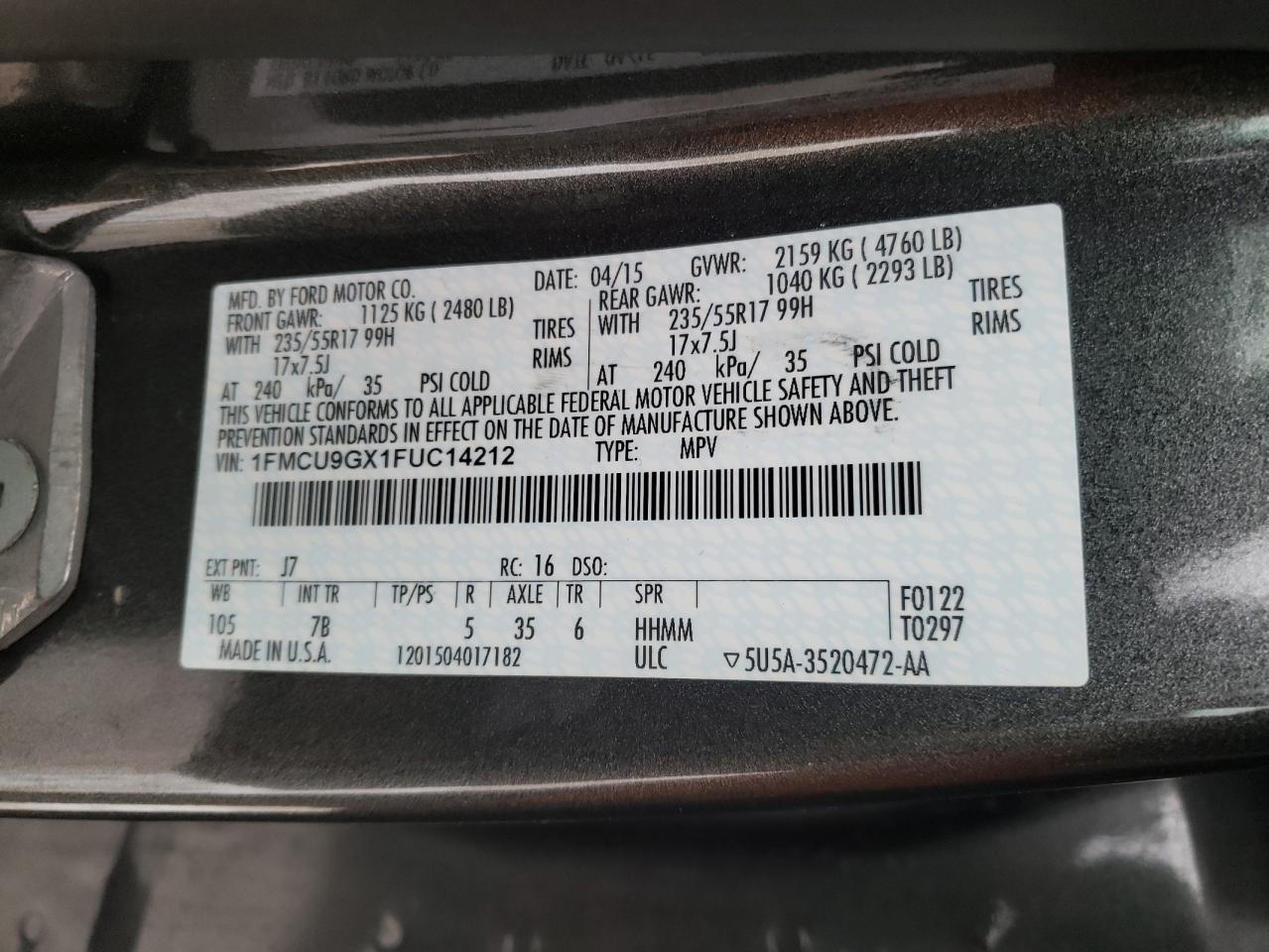 Photo 10 from auction – 2015 FORD ESCAPE SE with VIN 1FMCU9GX1FUC14212