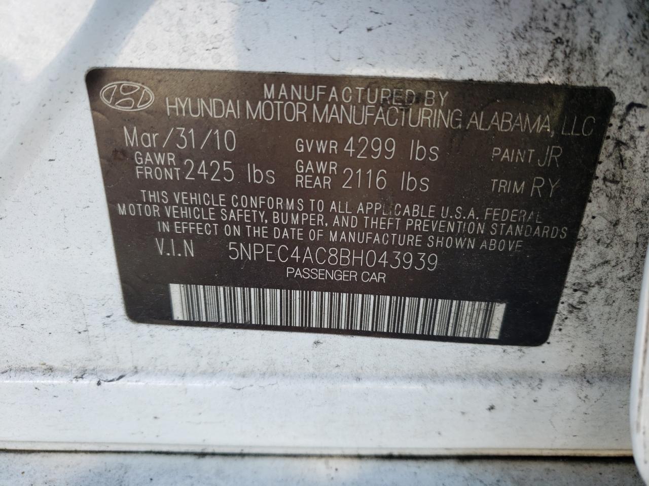 Photo 10 from auction – 2011 HYUNDAI SONATA SE with VIN 5NPEC4AC8BH043939