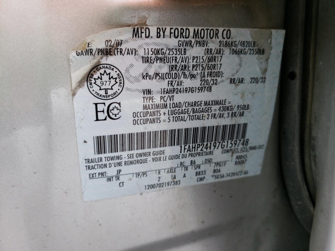 Photo 10 from auction – 2007 FORD FIVE HUNDR with VIN 1FAHP24197G159748