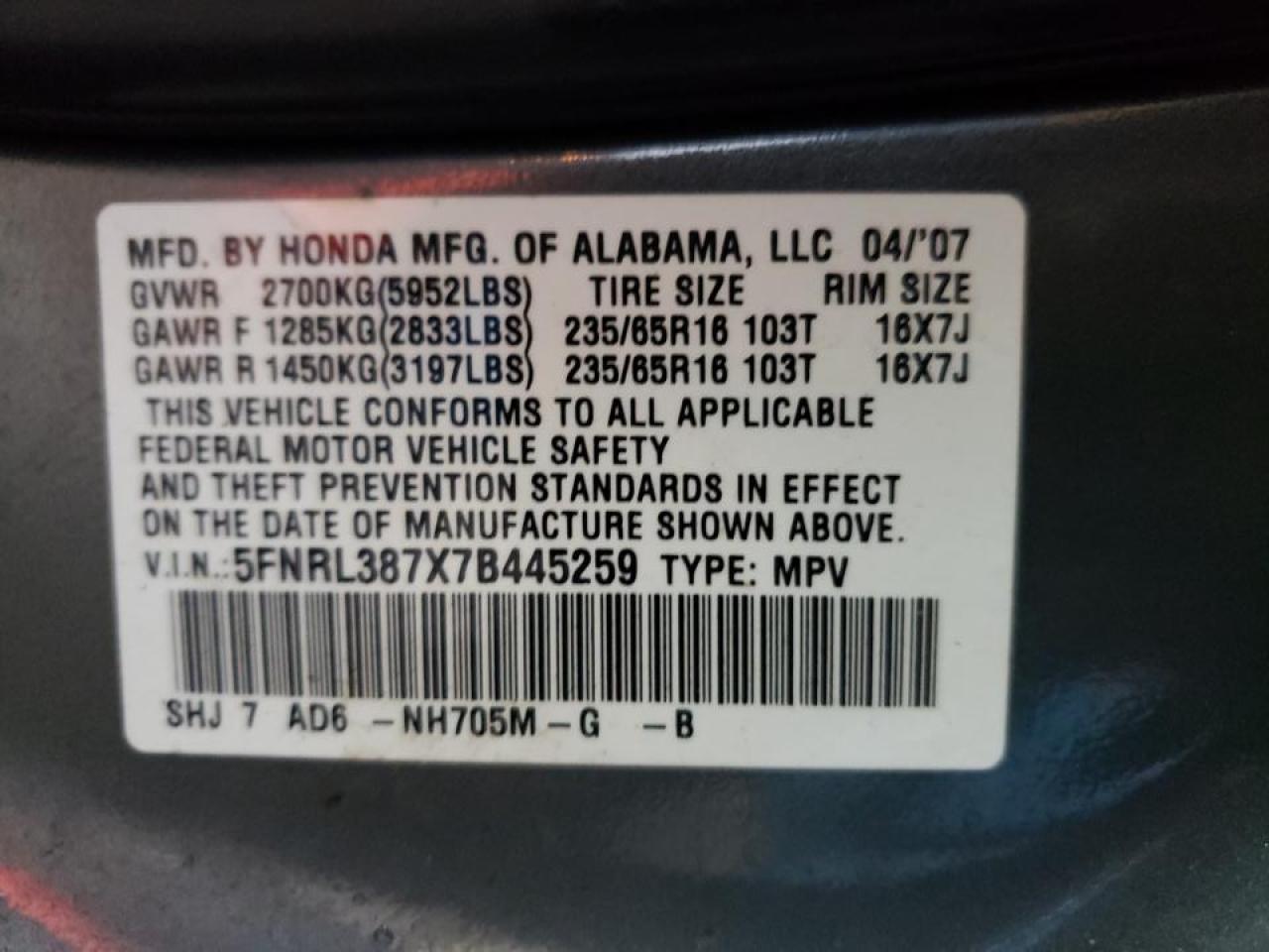Photo 10 from auction – 2007 HONDA ODYSSEY EX with VIN 5FNRL387X7B445259