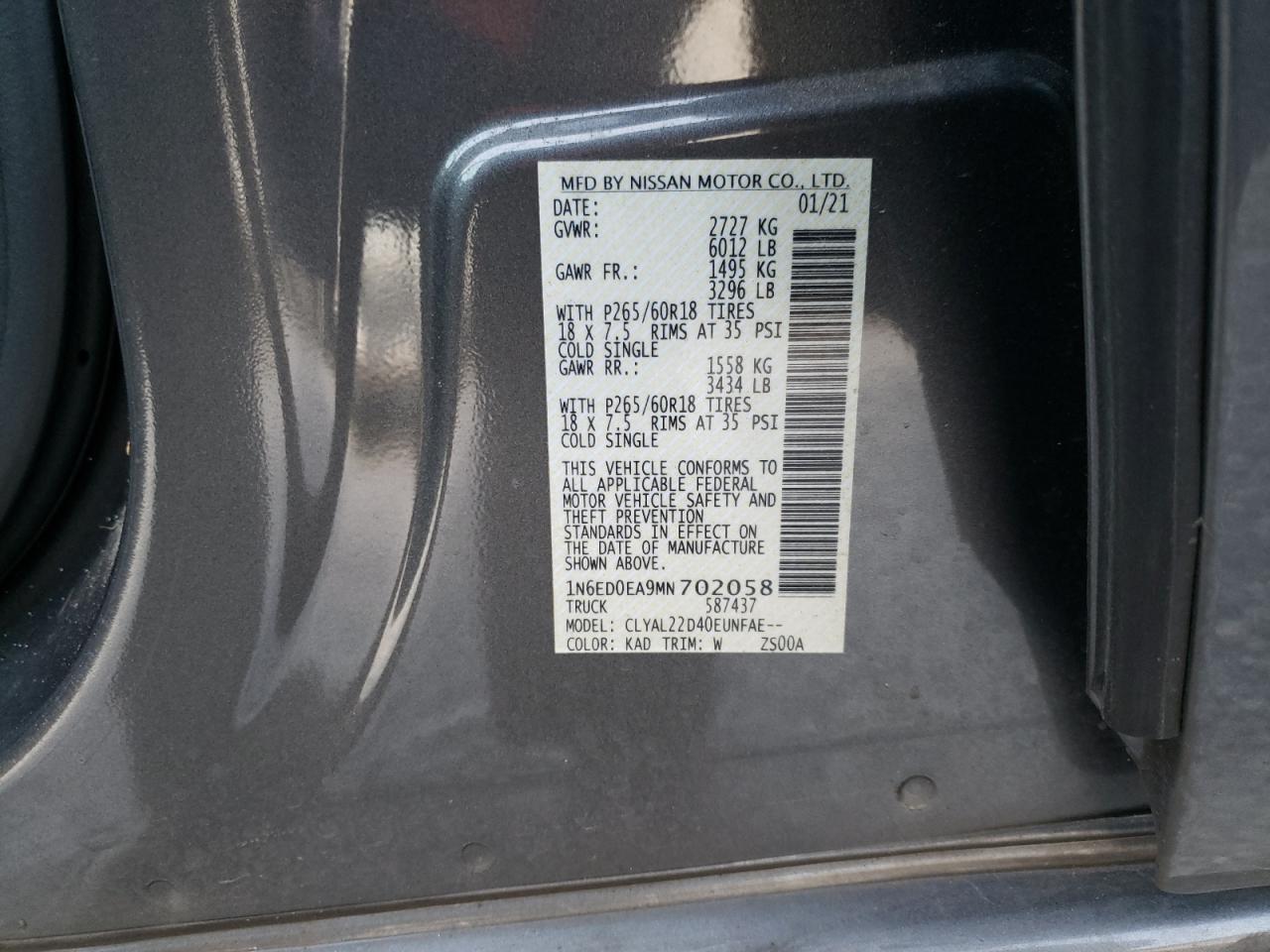 Photo 10 from auction – 2021 NISSAN FRONTIER S with VIN 1N6ED0EA9MN702058