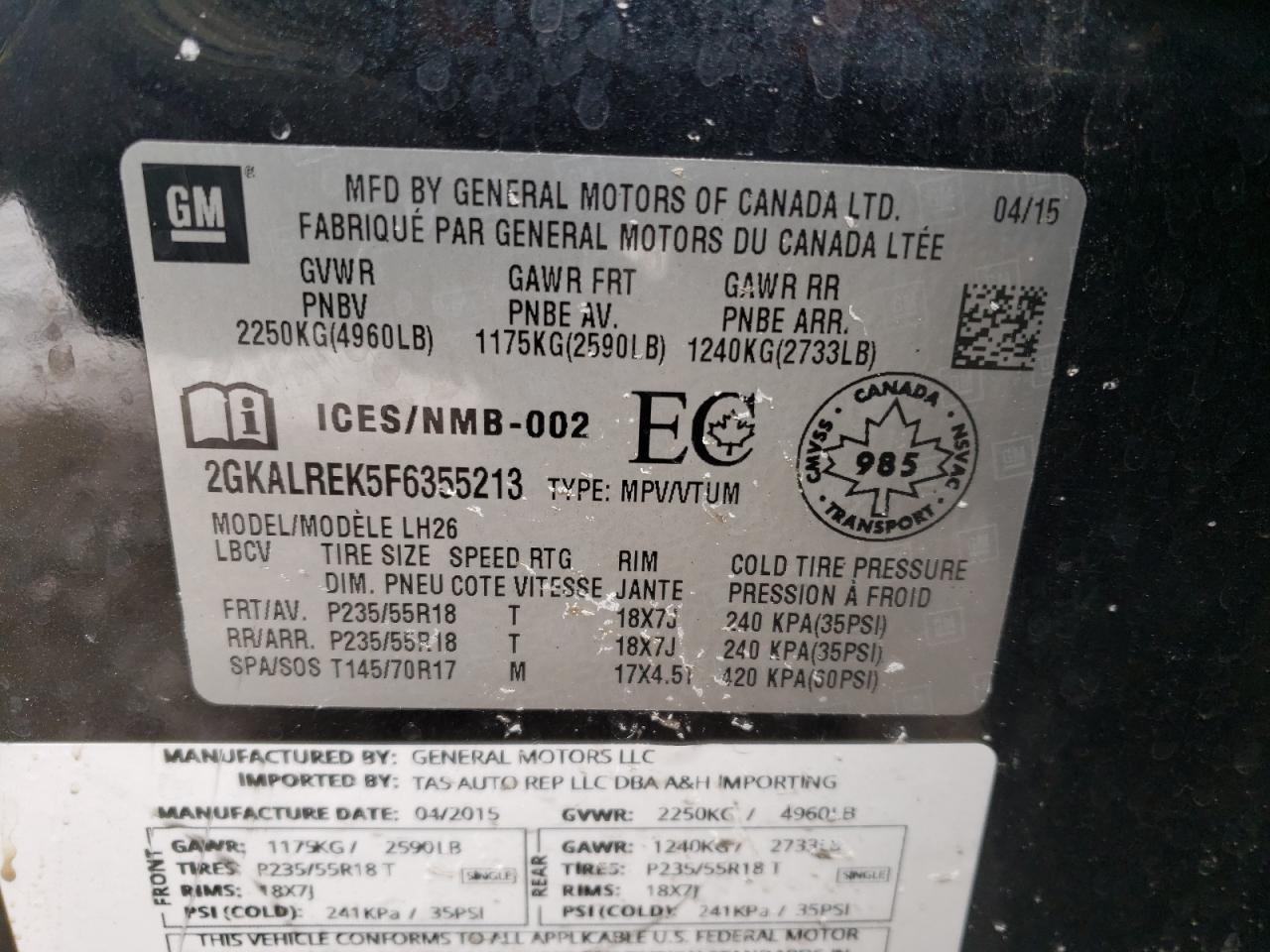 Photo 10 from auction – 2015 GMC TERRAIN SL with VIN 2GKALREK5F6355213
