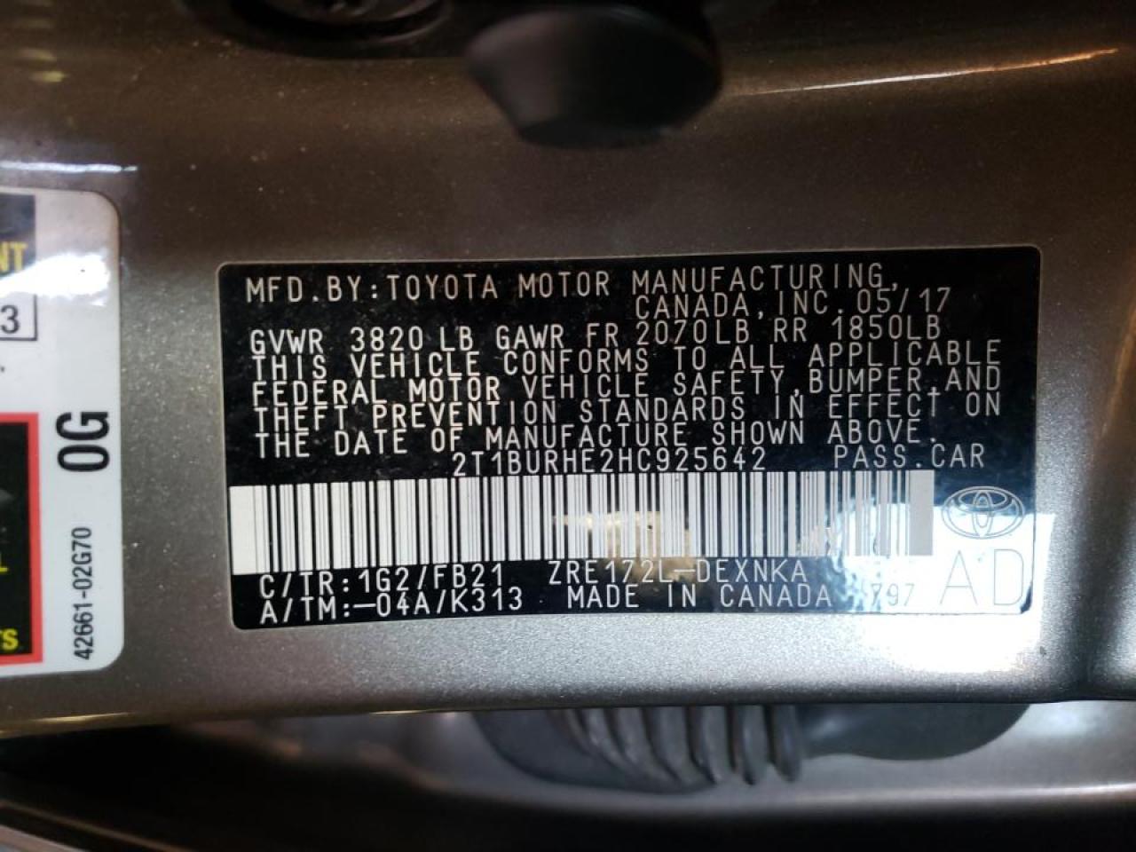 Photo 10 from auction – 2017 TOYOTA COROLLA L with VIN 2T1BURHE2HC925642