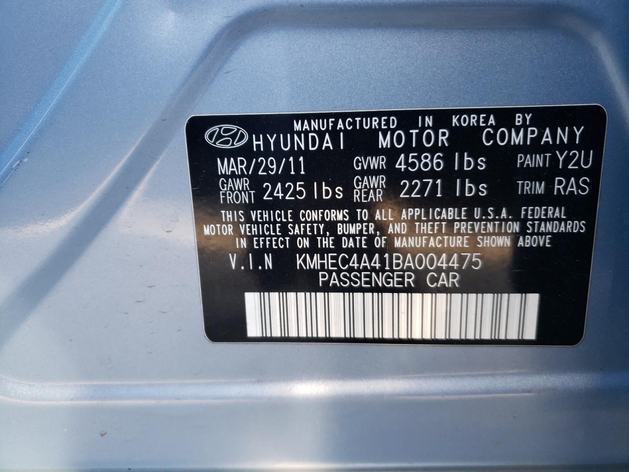 Photo 10 from auction – 2011 HYUNDAI SONATA HYB with VIN KMHEC4A41BA004475