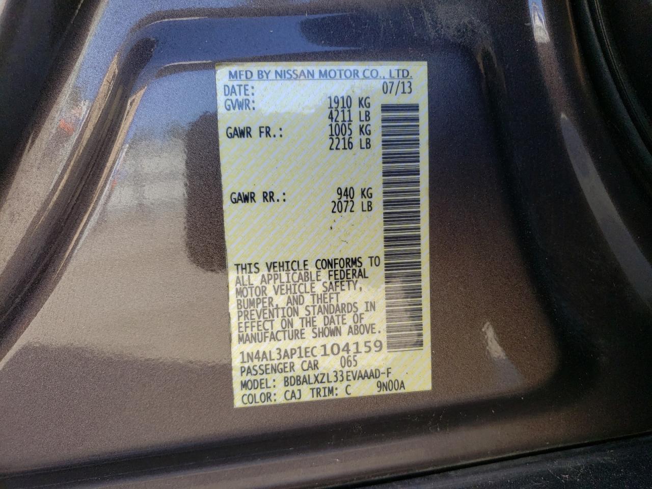 Photo 10 from auction – 2014 NISSAN ALTIMA 2.5 with VIN 1N4AL3AP1EC104159