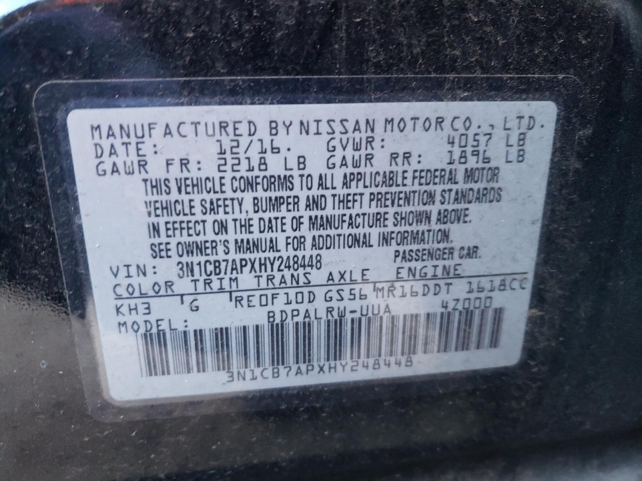 Photo 10 from auction – 2017 NISSAN SENTRA SR with VIN 3N1CB7APXHY248448